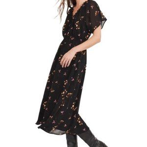 Madewell Black Floral midi dress Georgette V Neck Dolman Sleeve XL